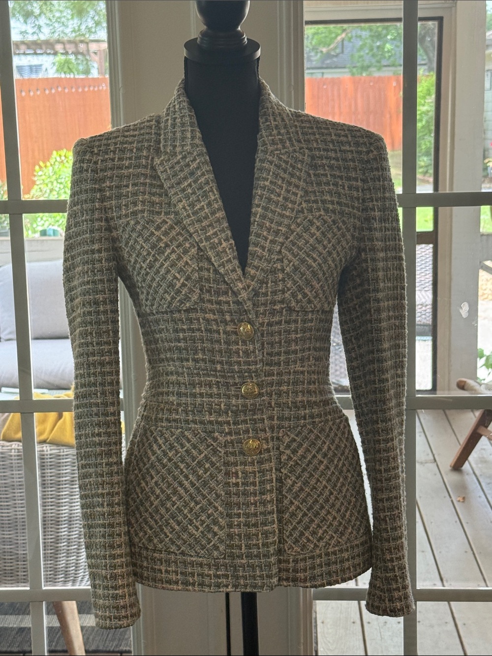 10 Crosby Derek Lam Gray Multi Tweed Blazer with Gold Buttons